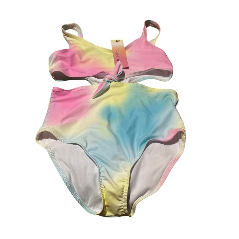 Sunset Sky 12 pastel cut away swim one piece like a bikini knotted front nwt
